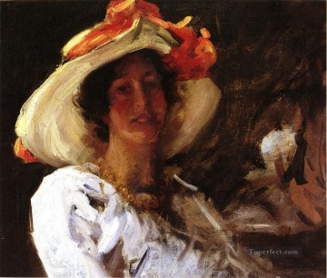  sombrero Pintura al %C3%B3leo - Retrato de Clara Stephens con sombrero con una cinta naranja William Merritt Chase